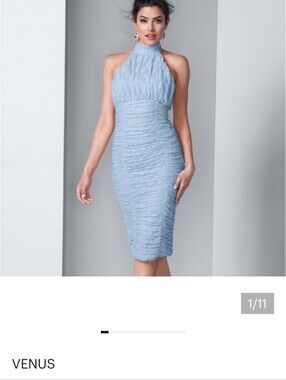 NWOT. Venus Blue Lace Halter Ruched Midi Dress. Body Con. Sz M/L